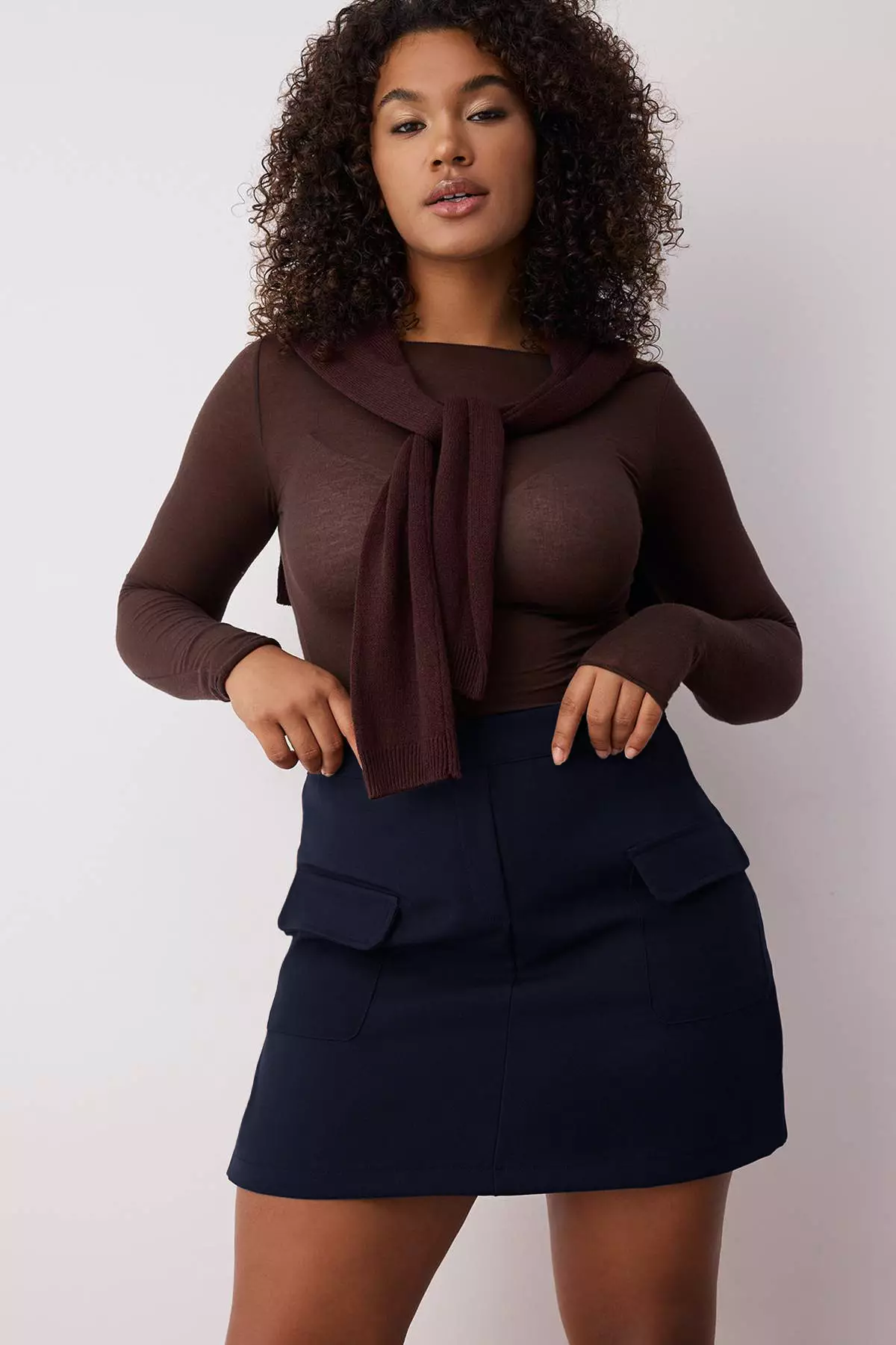 Navy Blue Mini Pocket Woven Plus Size Skirt Tbbss23Az00051