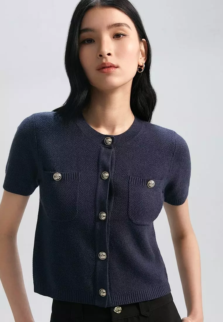 Gold Button Detail Short-Sleeve Cardigan - Dark Blue