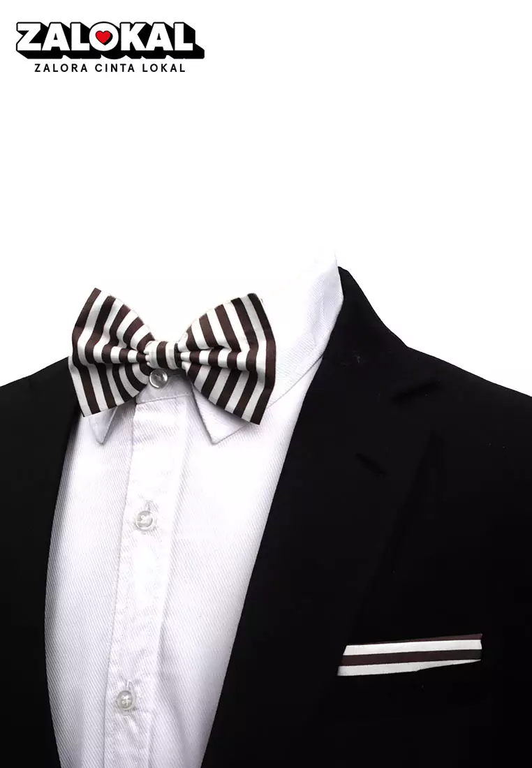 Houseofcuff Dasi Kupu Bowtie Pocket Square Saputangan Coklat Salur A33