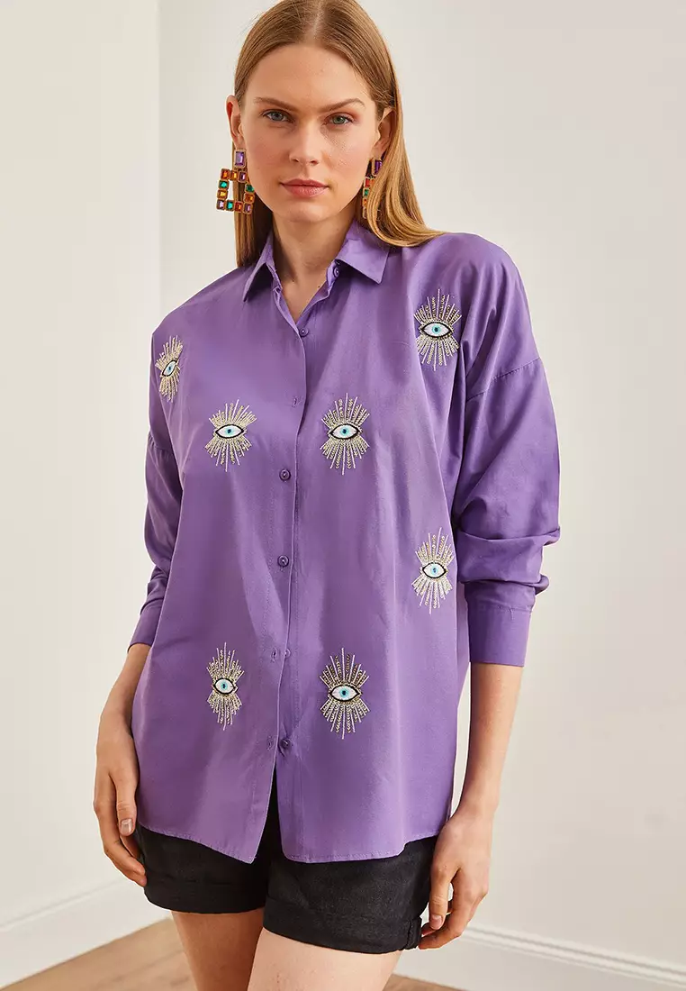 Eye Sequin Detailed Woven Boyfriend Shirt