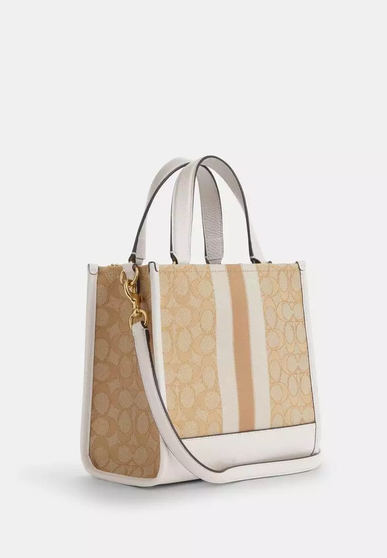 Coach Dempsey Tote 22 In Signature Jacquard With Stripe And Coach Patch Light Khaki Chalk