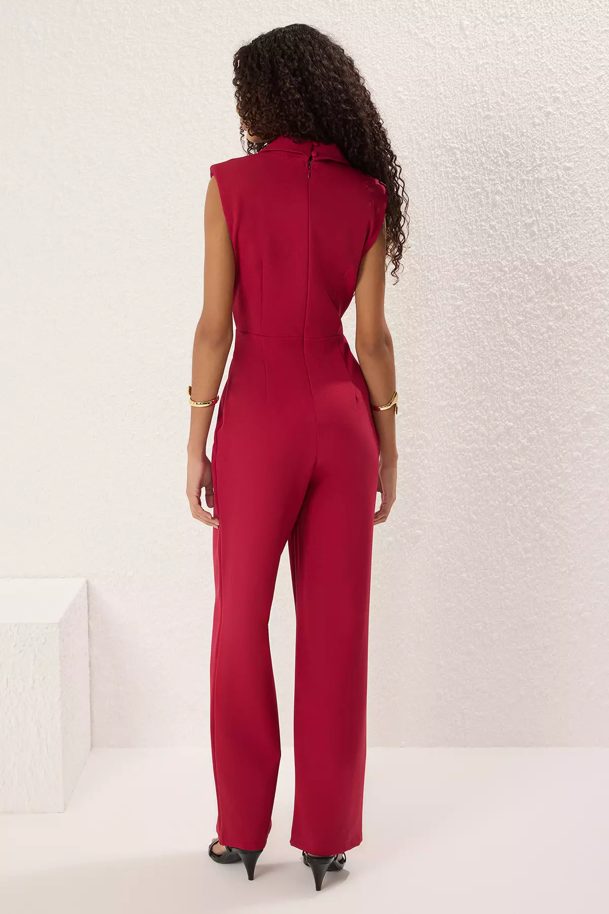 Dark Jacket Collar Button Detailed Woven Jumpsuit