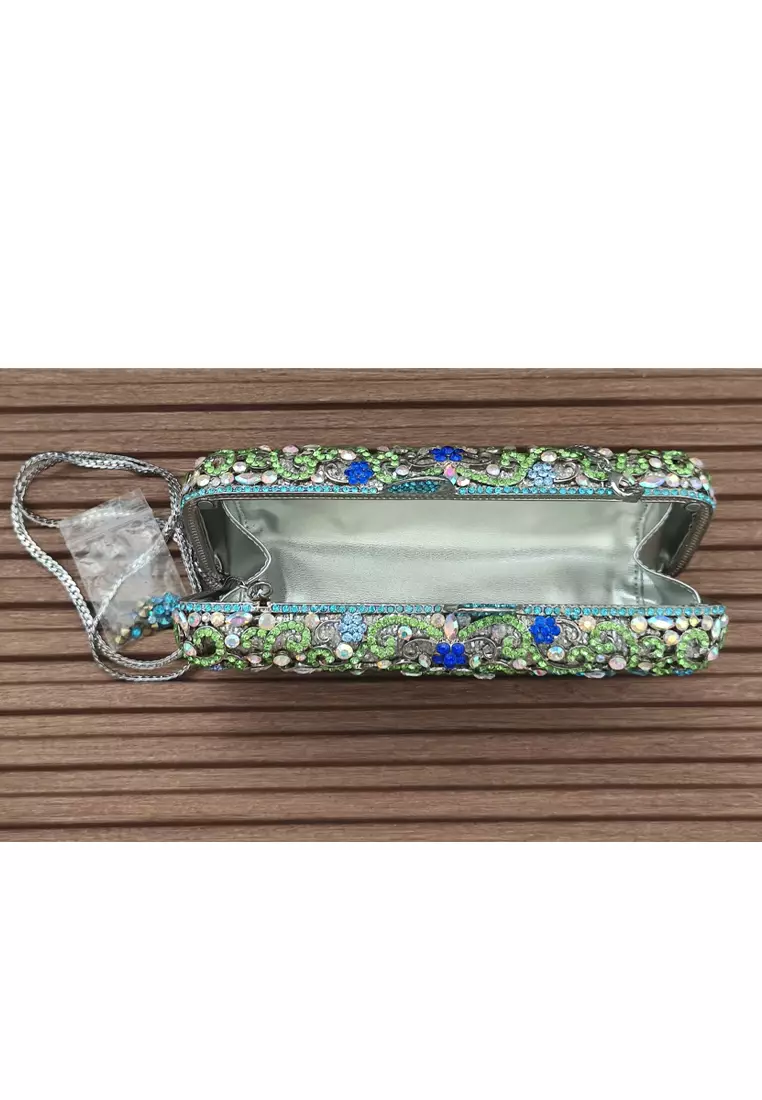 Tas Clutch Pesta Wanita Diamante Rectangular Shape Blue & Gold