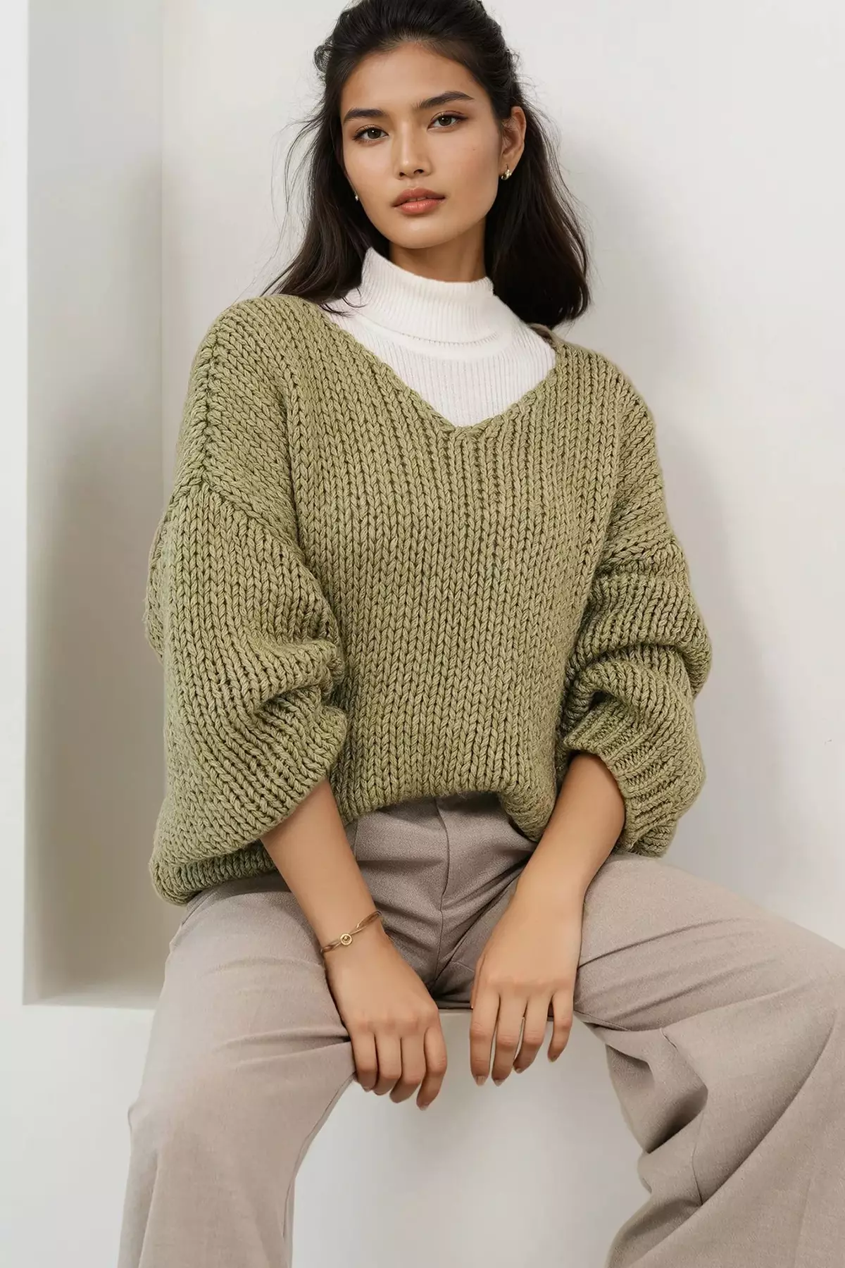 Women'S Khaki V-Neck Thick Thessaloniki Braided Soft Textured Oversized Sweater Alc-X14850