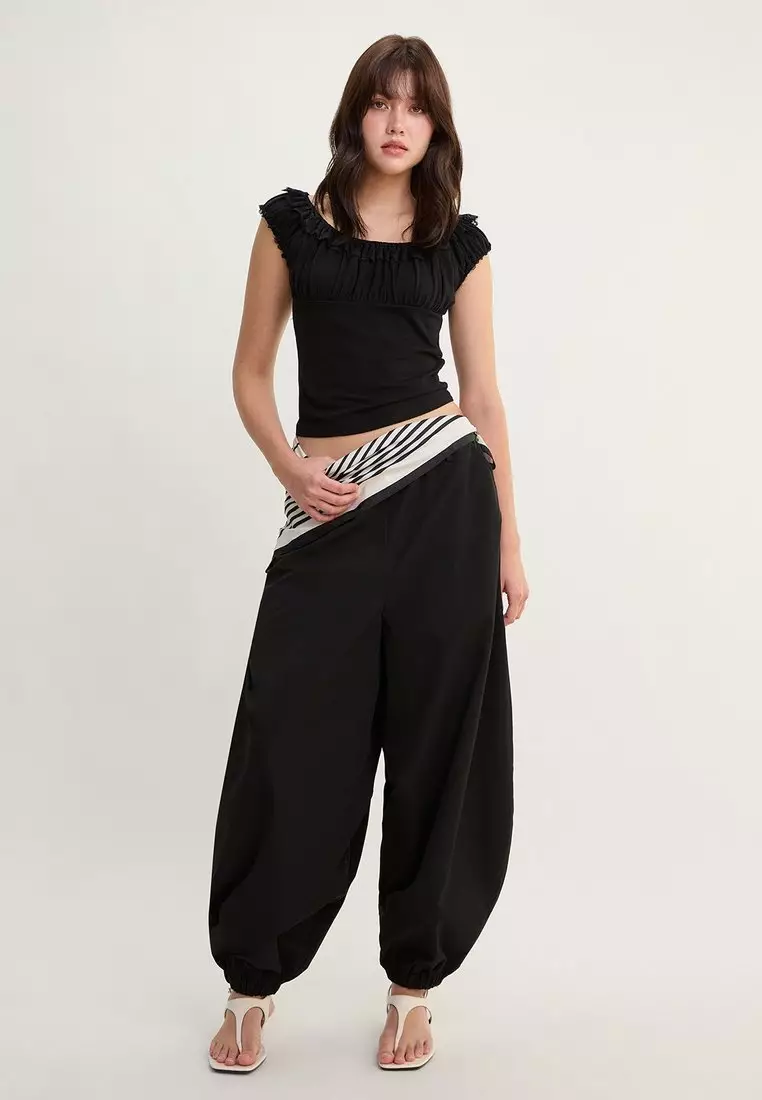 Ruffle Trim Wide Neck Top - Black