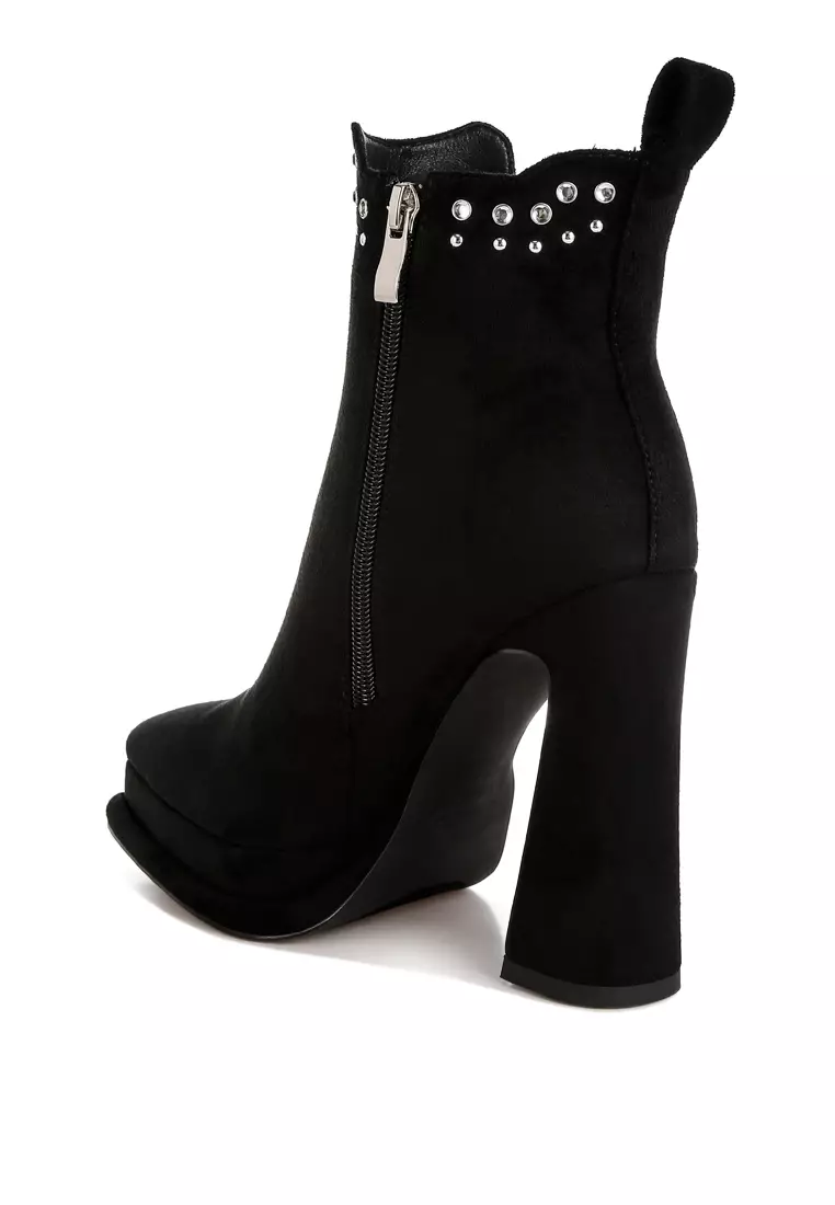 Studs Embellished High Ankle Boots in Black
