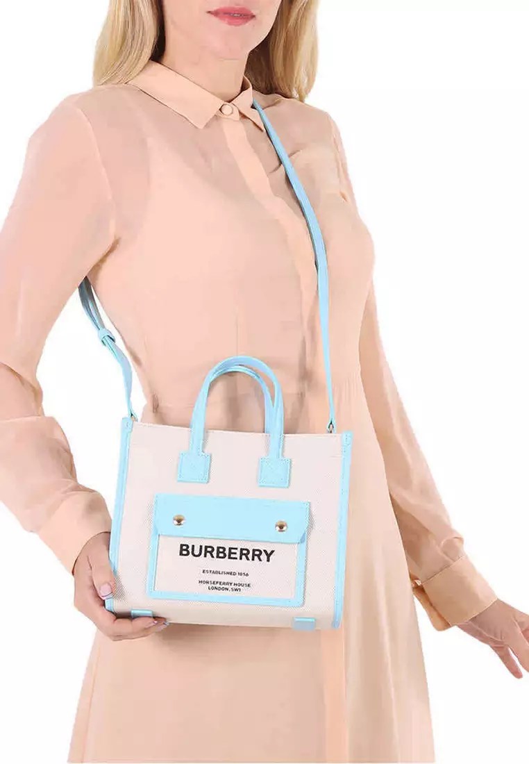 Burberry Mini Freya Tote Bag in Natural/Cool Sky Blue 2025