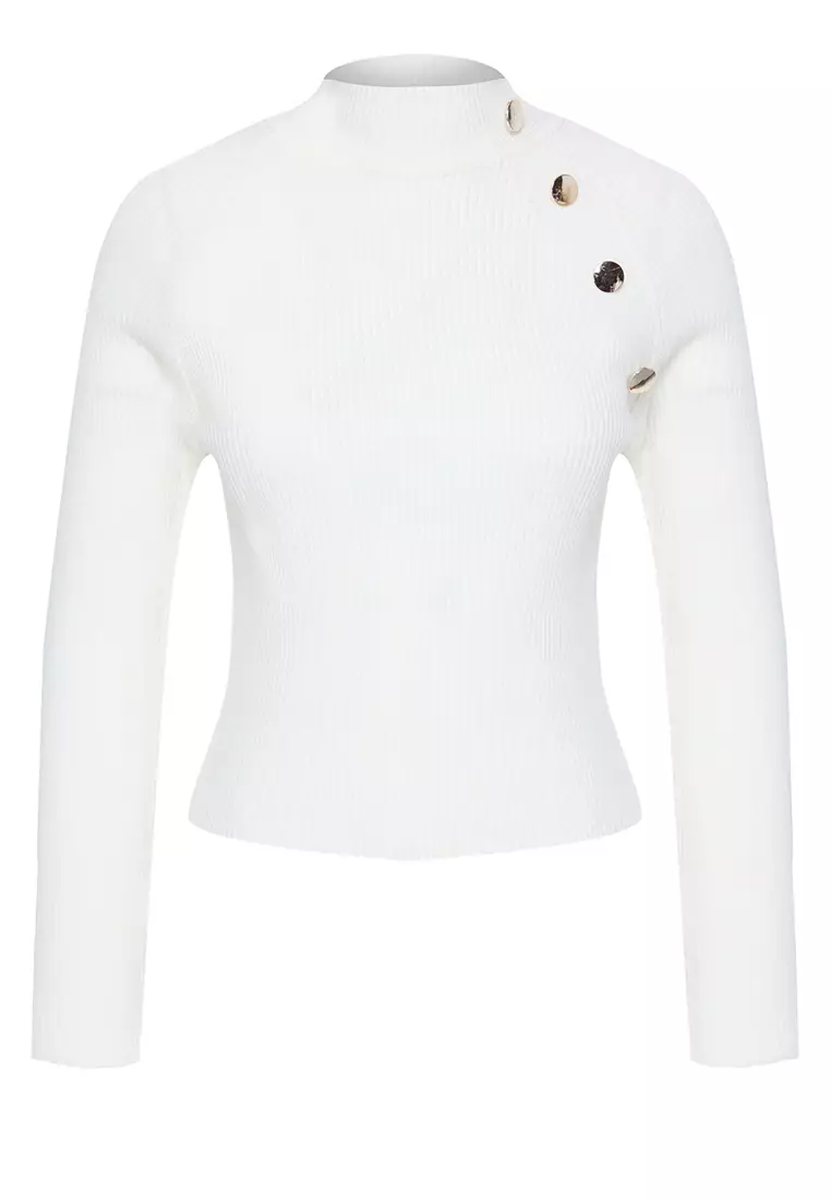 Ecru Button Detailed Thin Knit Sweater TWOAW25KZ00069