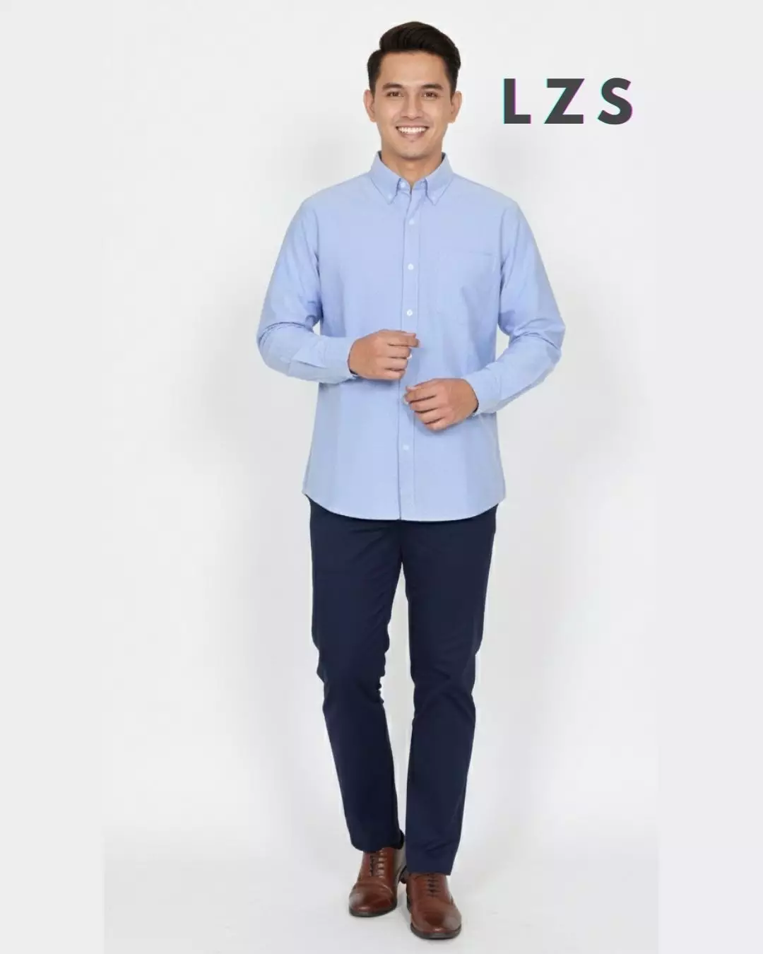 Kenzo Shirt - Kemeja Cotton Lengan Panjang Polos - BIRU Reguler Fit Pria