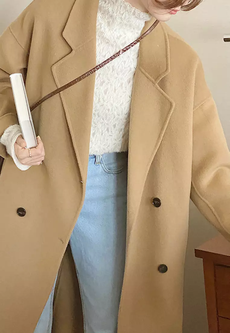 【BESLOW】[24FW Ver.]OVERSIZED CASHMERE DOUBLE BREASTED COAT Mens Double Breasted Camel Cashmere & Wool Overcoat Winter