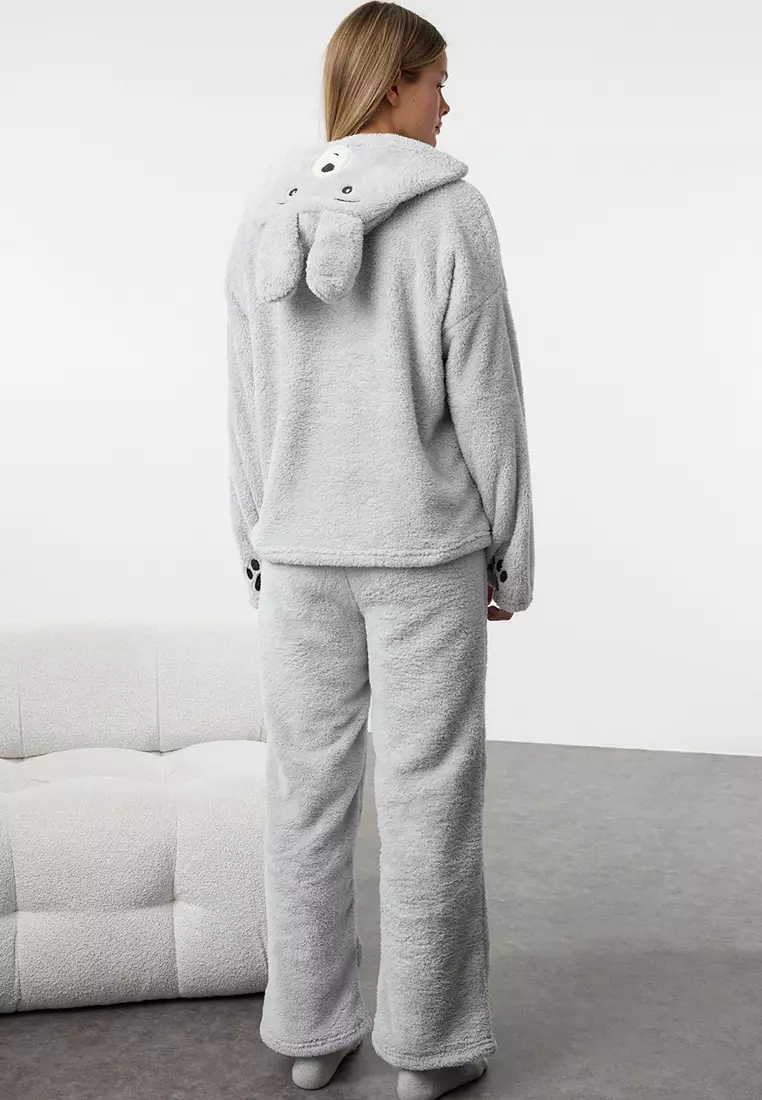 Gray Hooded and Embroidered Wellsoft Winter Knitted Pajama Set THMAW25PT00143
