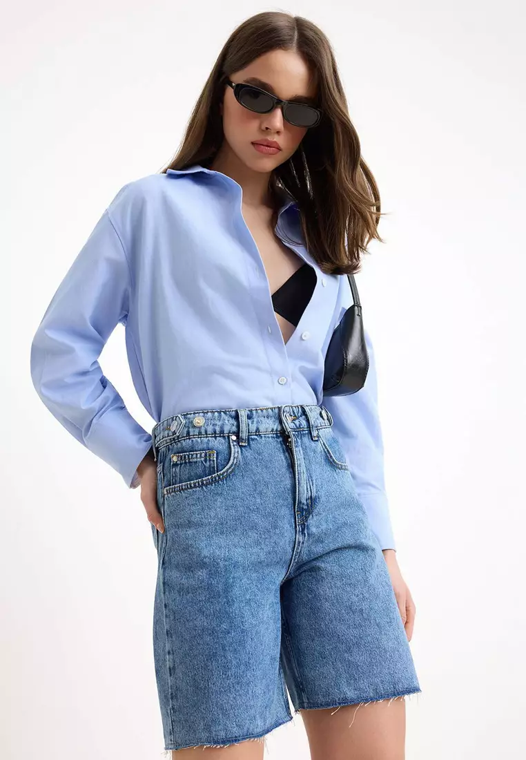 Blue Adjustable Waist High Waist Denim Bermuda Twoss26Sr144