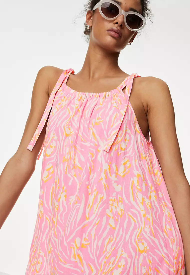 Linen Blend Animal Print Maxi Tiered Dress