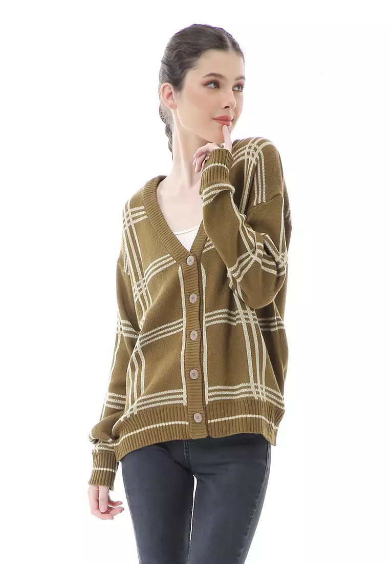 Eshika Cardigan Rajut Oversize Motif Kancing Tebal High Quality - Bronze