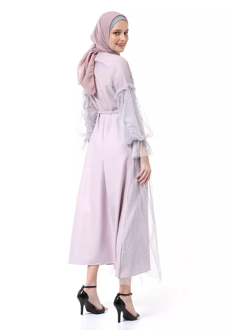 Varsha Dress Wanita Long Sleeve Motif Polos Polkadot High Quality - Silver Mauve