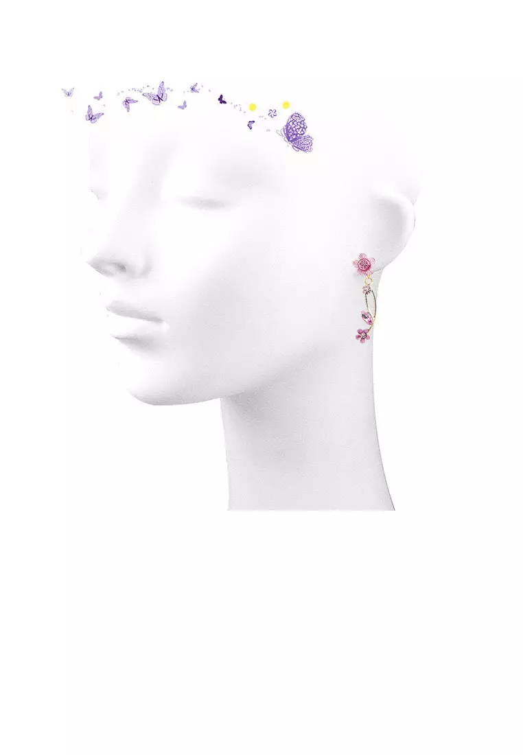 Pink Flower Shape Golden Earrings with Pink Austrian Element Crystals