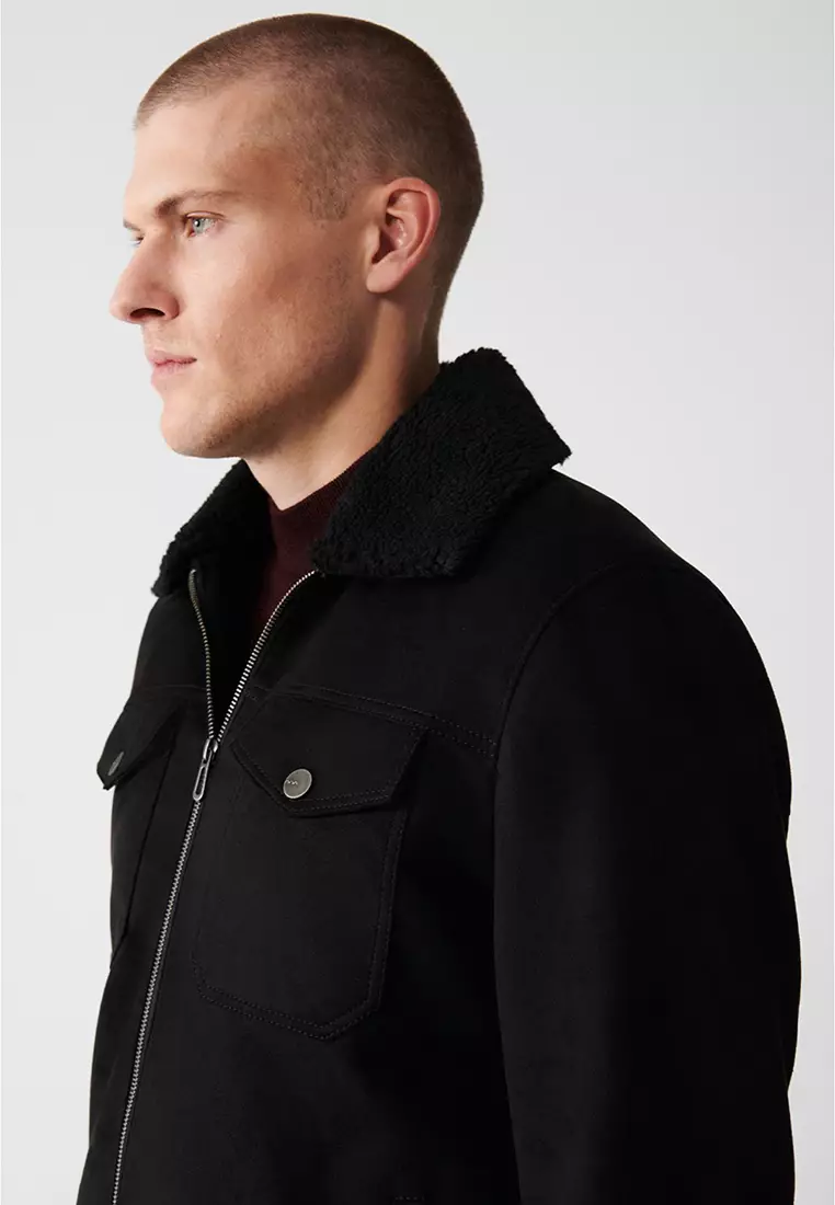 Men's Black Fur Collar Zippered Fiber Coat A32Y6140