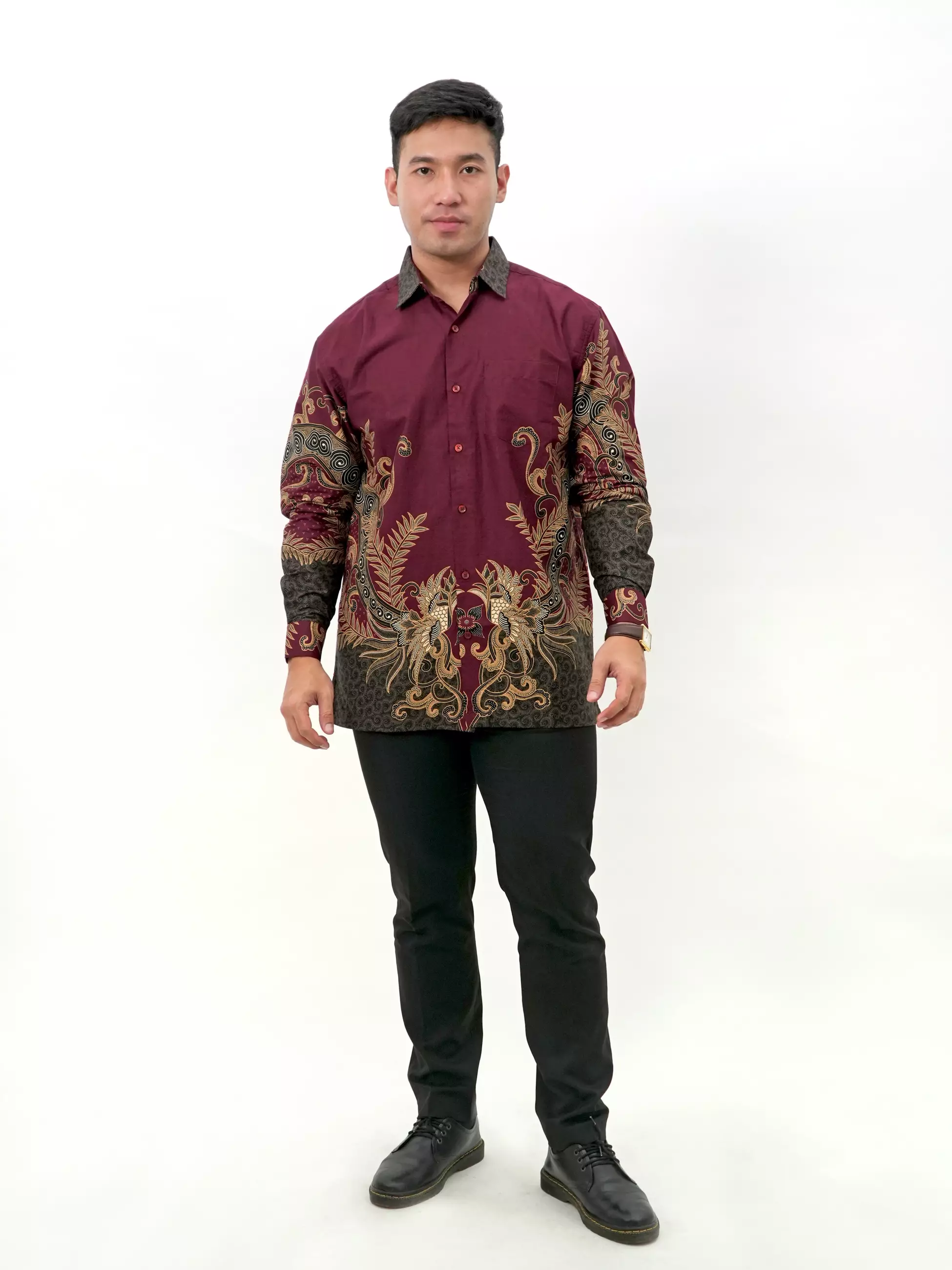 Kemeja Batik Lengan Panjang Maroon Cokelat 16772