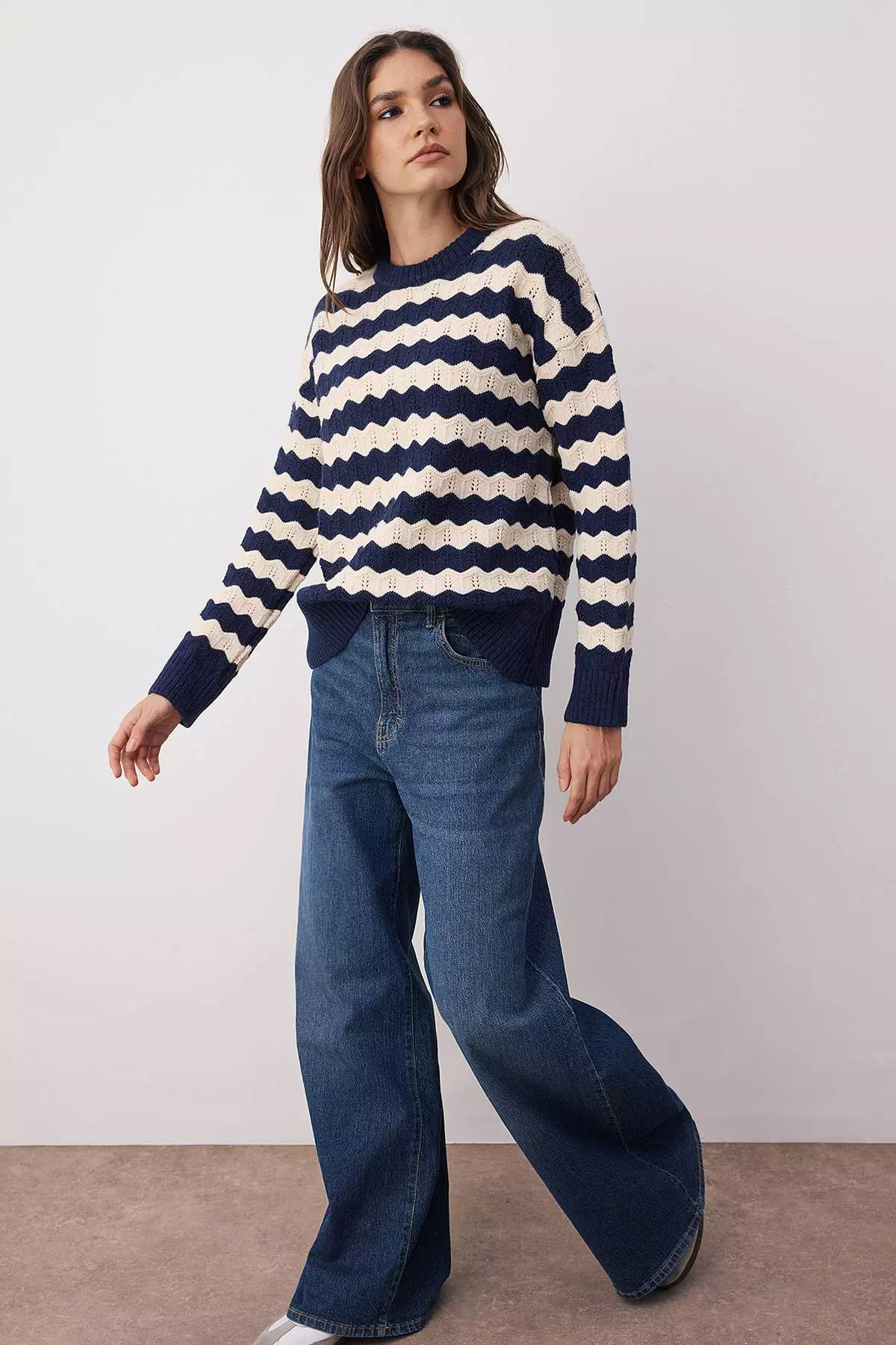 Navy Blue Soft Texture Wide Pattern Openwork/Hole Knitwear Sweater