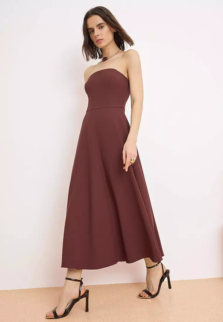 Brown Straight Skirt With Open Waist Woven Finike Maxi Unlined Stylish/Night Dress