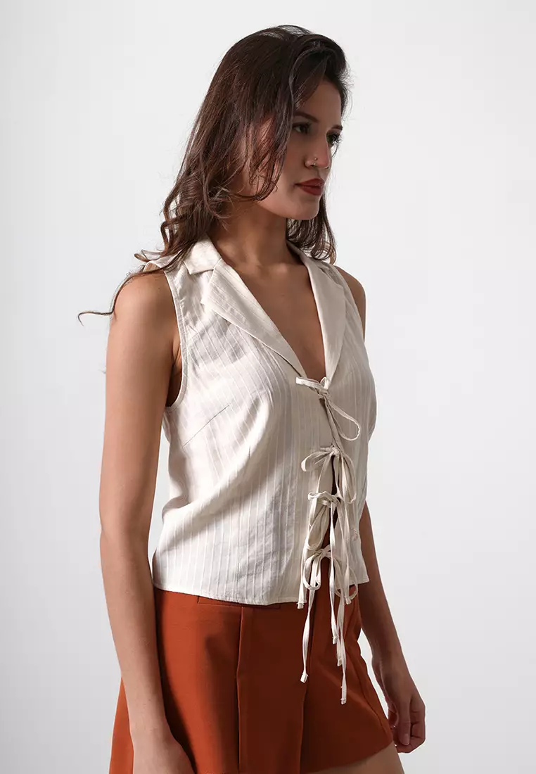 Beige Jacket Collar Front Tie Detailed Regular Woven Blouse TWOSS25BZ00165