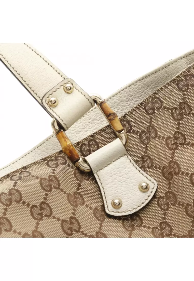 Pre-Loved Gucci Bamboo Horsebit GG canvas Handbag tote bag canvas leather beige off white