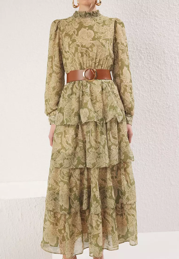 Green Stand Collar Patterned Belted Lined Chiffon Woven Dress Tctss25Eb00062