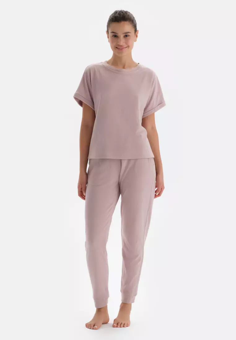 Light Pink T-Shirt & Trousers Knitwear Set, Slogan Printed, Crew Neck, Oversize, Long Leg, Short Sleeve Sleepwear for Women