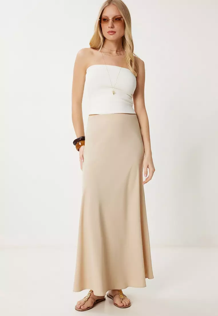Women's Beige A-Line Draped Long Woven Skirt Gk00019