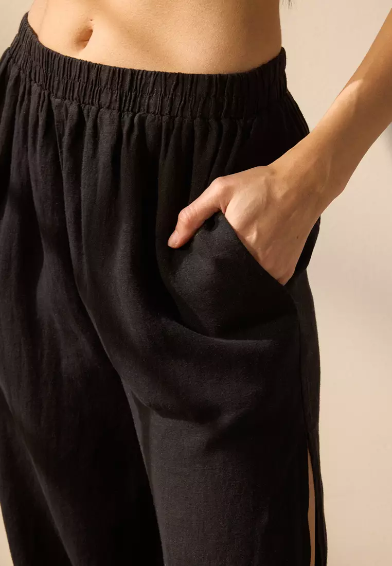 Black Woven 100% Linen Slit Beach Trousers TBESS25PL00004
