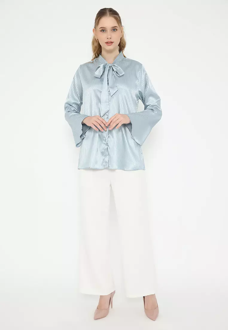 Shimmer Blouse With Stripe Pattern In Soft Blue By Brilliant Girl Warna Biru Muda