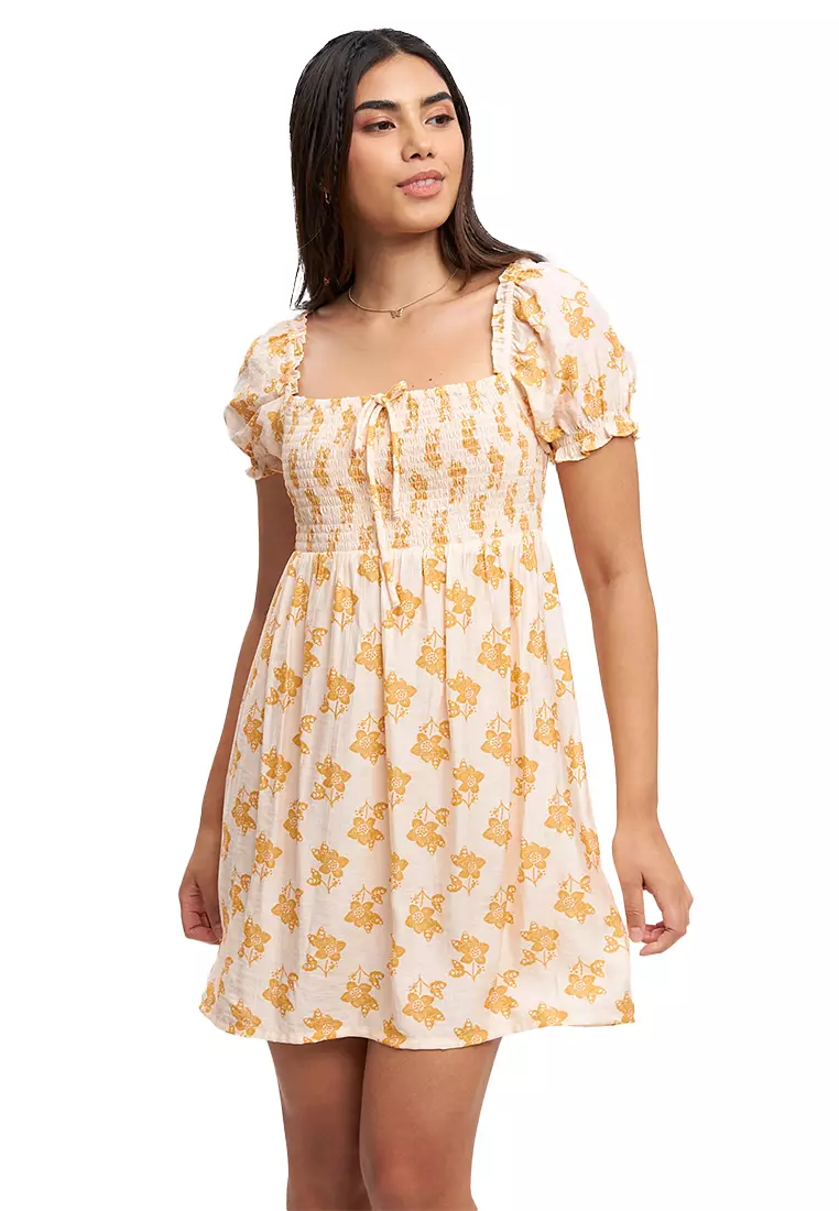 Block Print Smocked Babydoll Dress