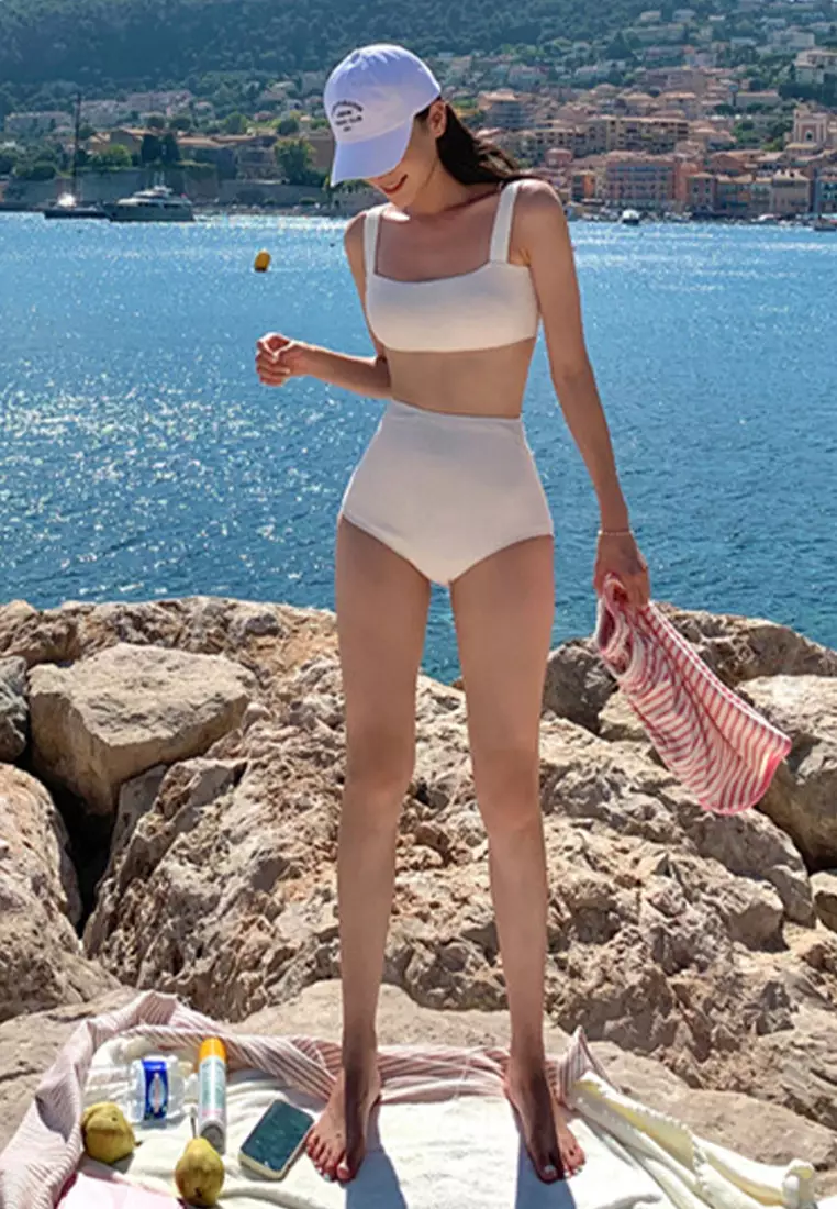 Solid high-waisted beach resort swimsuit set CA24032113W