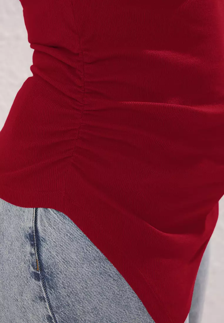 Red Stand Collar Asymmetric Knitted Plus Size Blouse Tbbss25Af00039