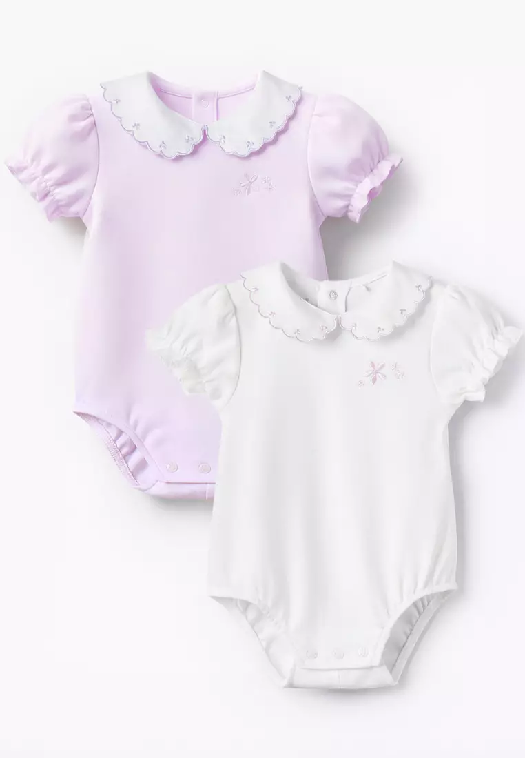 Babyshop Pack Of 2 Giggles Cotton Peter Pan Collar Short Sleeve Bodysuit With Snap Button Closure