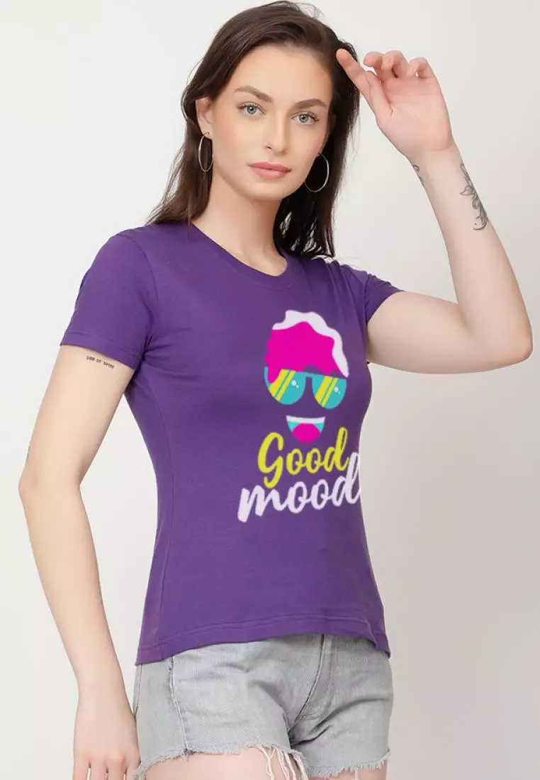 Good Mood Relaxed Short Sleeve Stylish Purple Cotton Casual Graphic Print Tee/TShirt