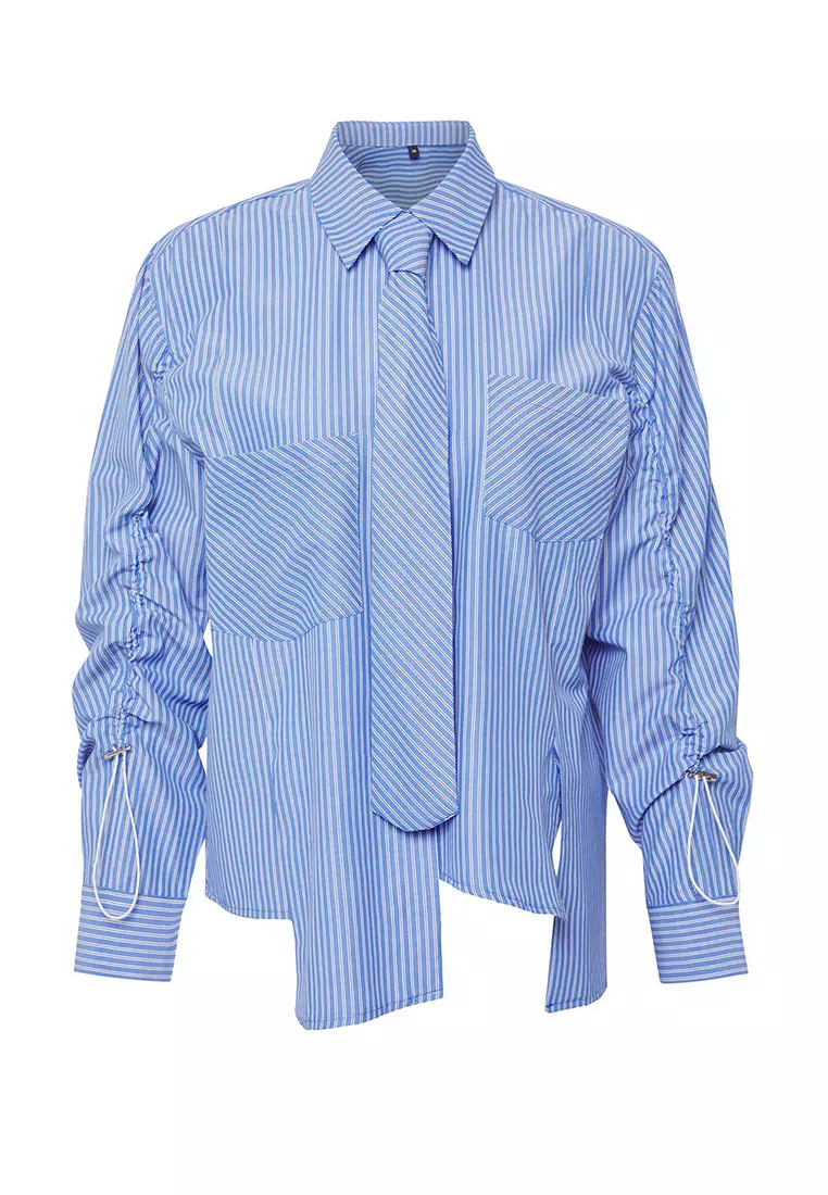 Limited Edition Blue Tie Detail Striped Woven Shirt Twoss25Go00118