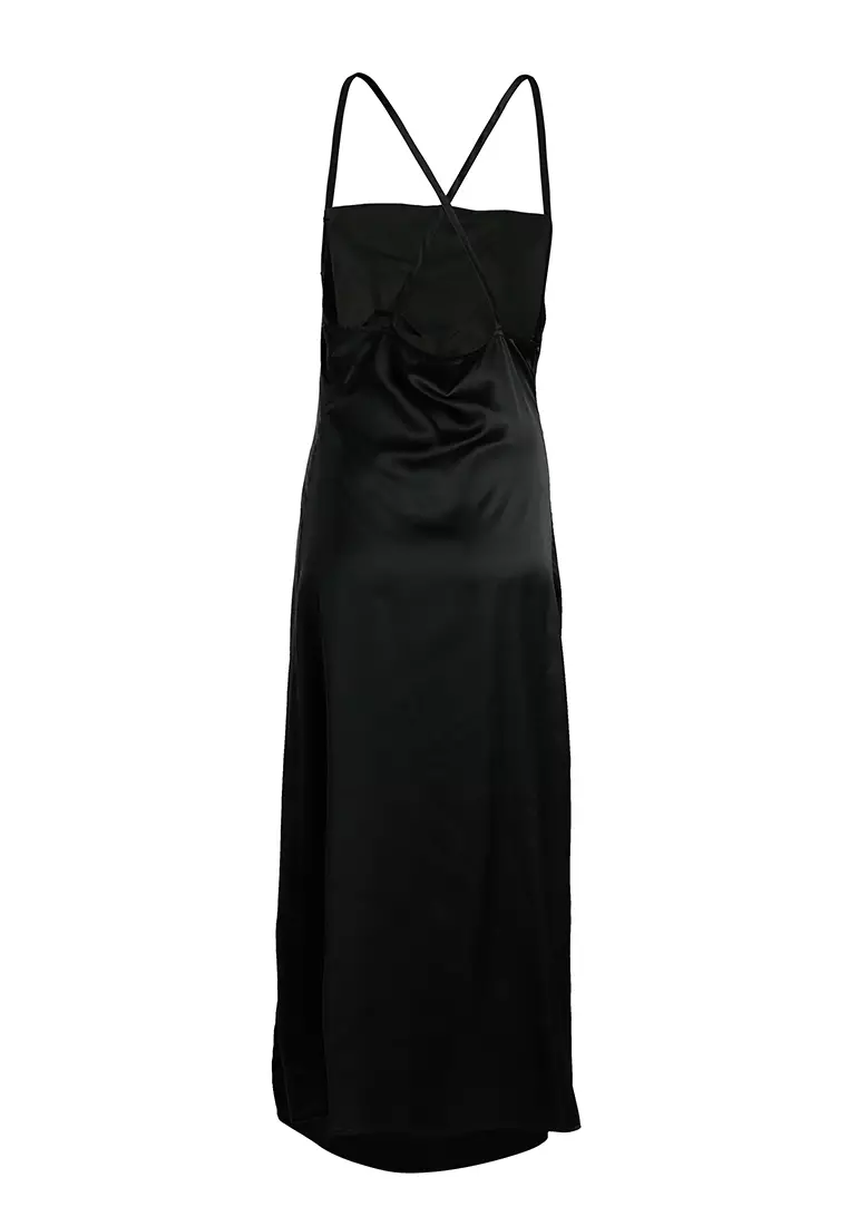 Black Ruched Detail Slit Slip Dress