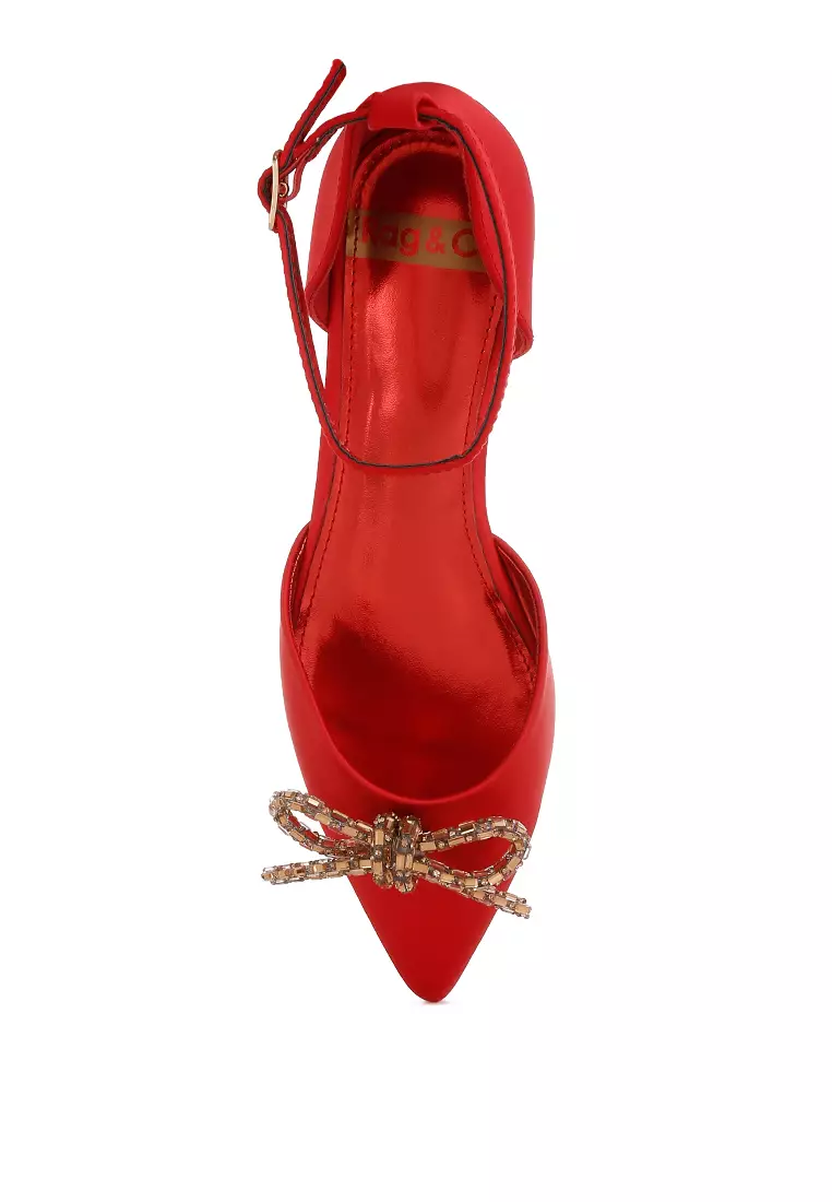 Rhinestone Detail Bow Flat Sandals in Red