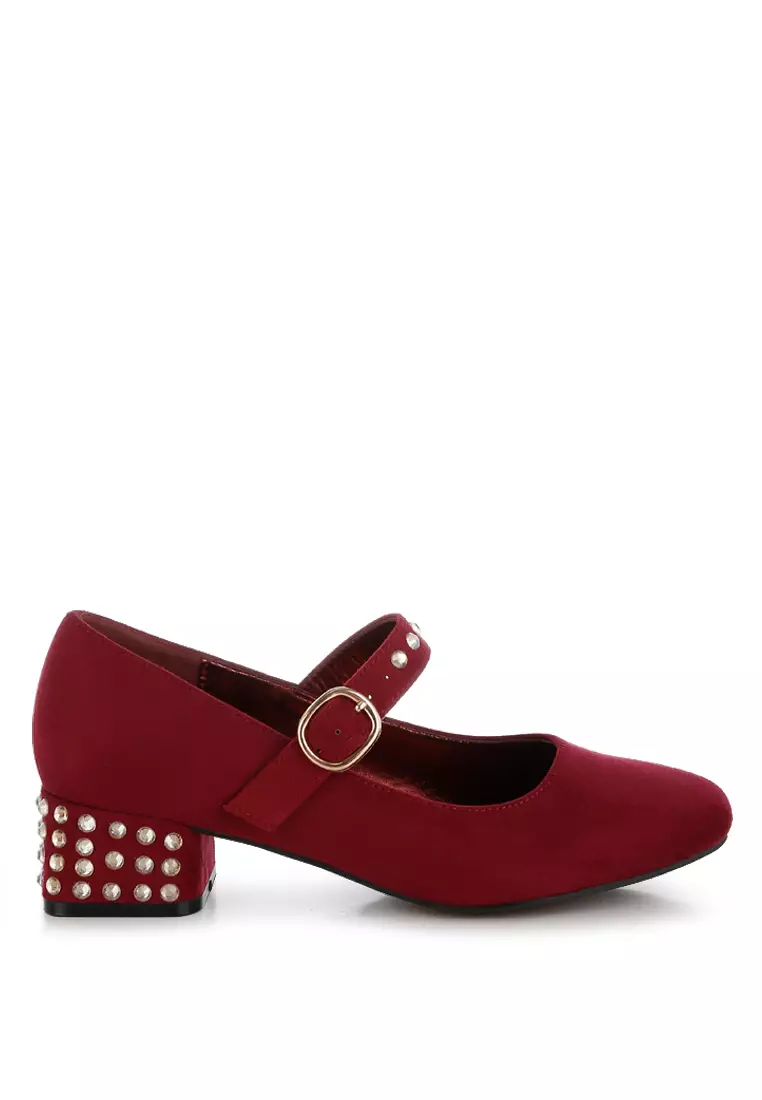 Studded Mary Jane Pumps In Burgundy