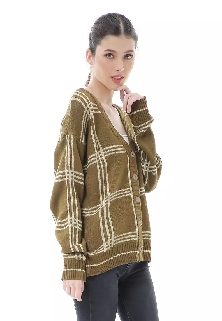 Eshika Cardigan Rajut Oversize Motif Kancing Tebal High Quality - Bronze