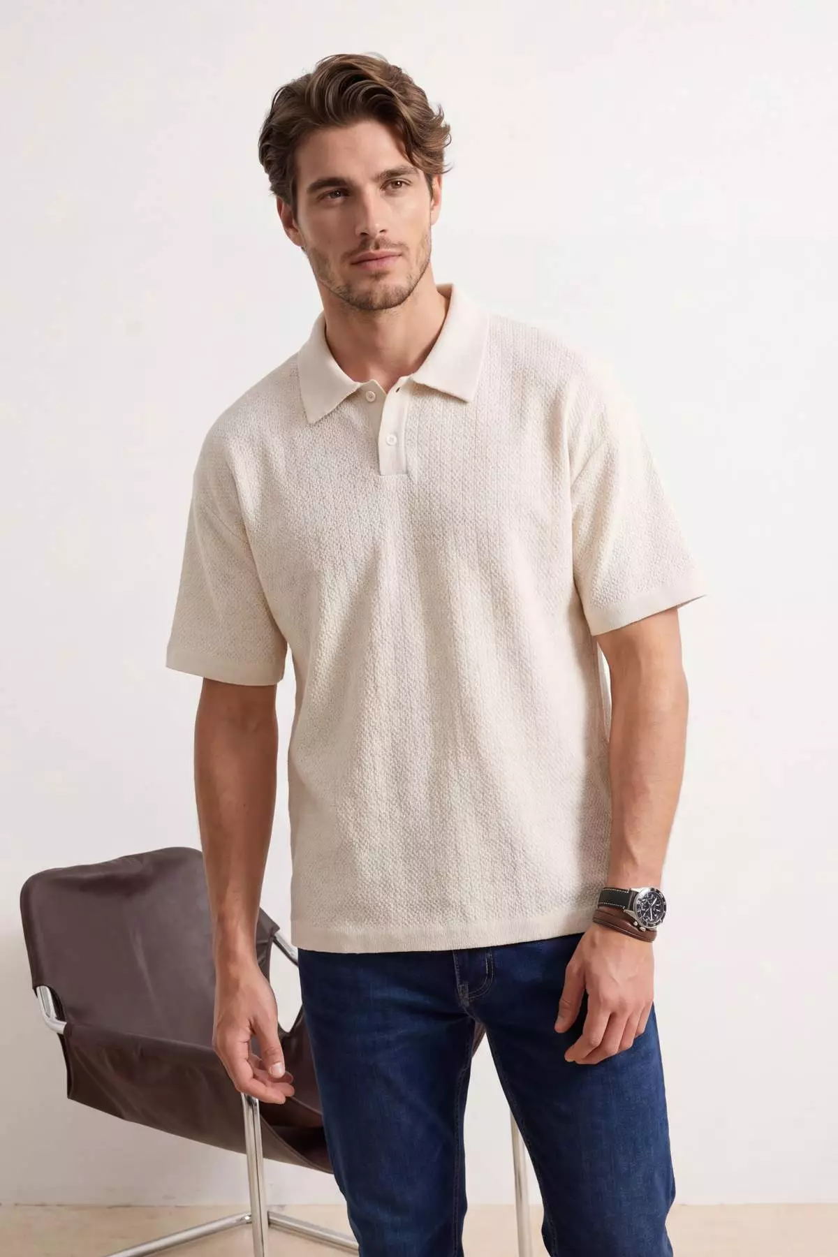 Buy Trendyol Ecru Oversized /Wide Cut Textured Polo Neck T-Shirt ...