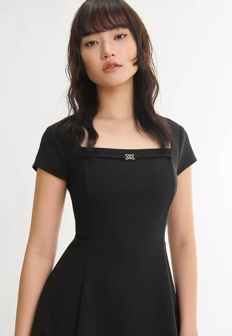 Buy Pomelo Square Neck Fit Flare Mini Dress - Black Online | ZALORA Malaysia