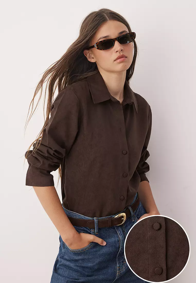 Dark Brown Regular Fit Suede Shirt Twoaw26Go00027