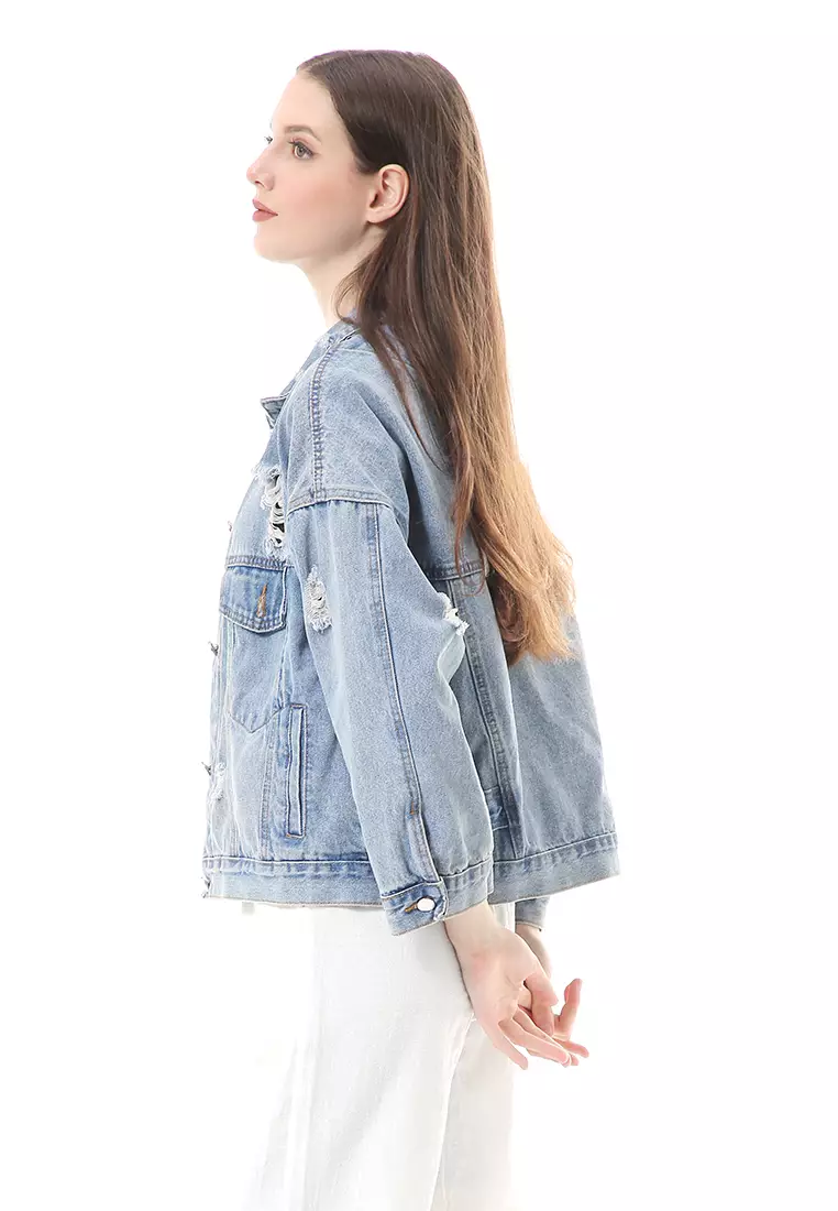 Clara Jaket Jeans Atasan Wanita Oversize Motif Polos High Quality - Blue