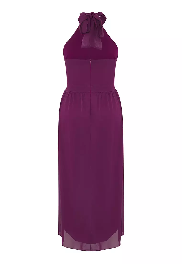 Purple Chiffon Maxi Ruffle Halter Neck Woven Plus Size Dress Tbbss25Ah00170