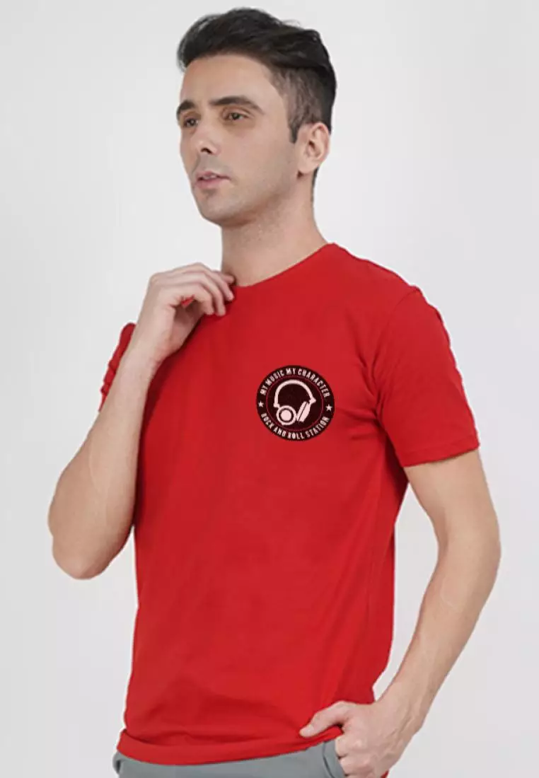 音乐印花图案红色棉质短袖圆领休闲 T 恤