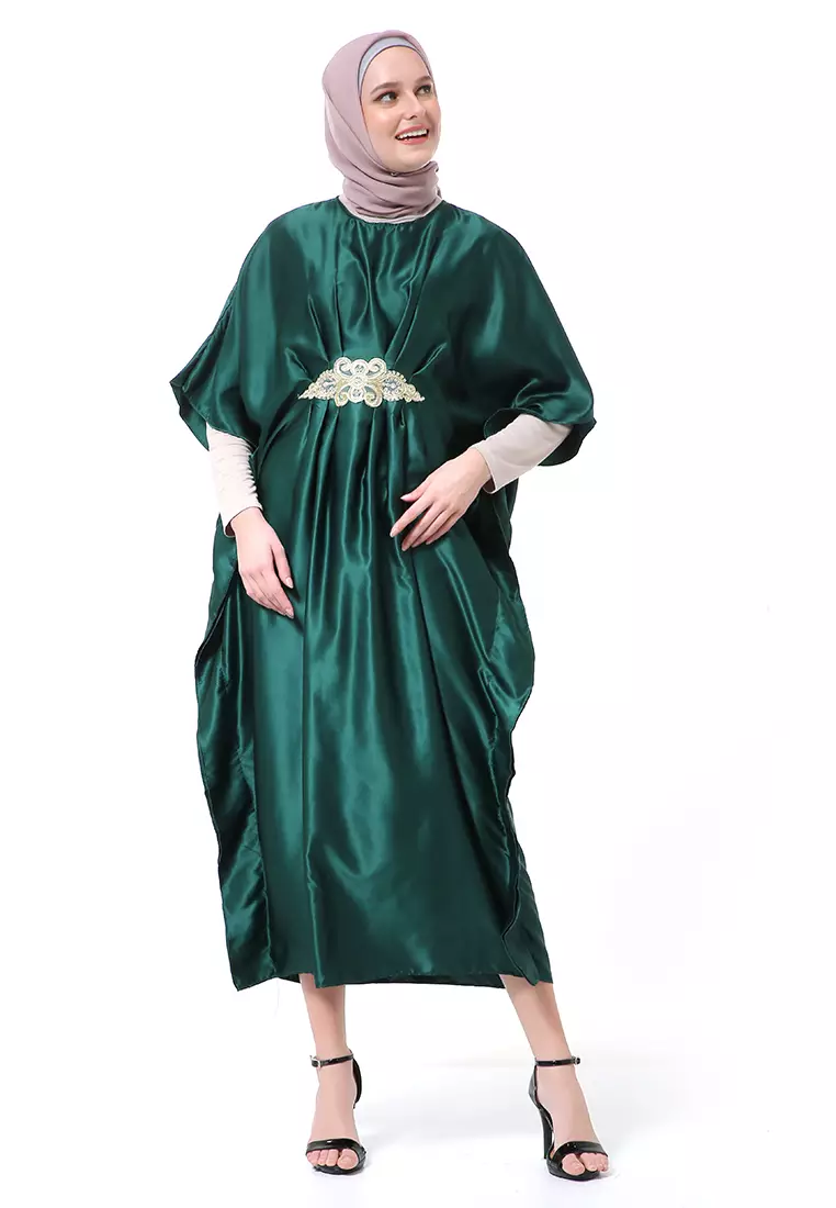 Illona Kaftan Dress Premium Fashion Muslimah Motif Polos Regular Fit - Hijau