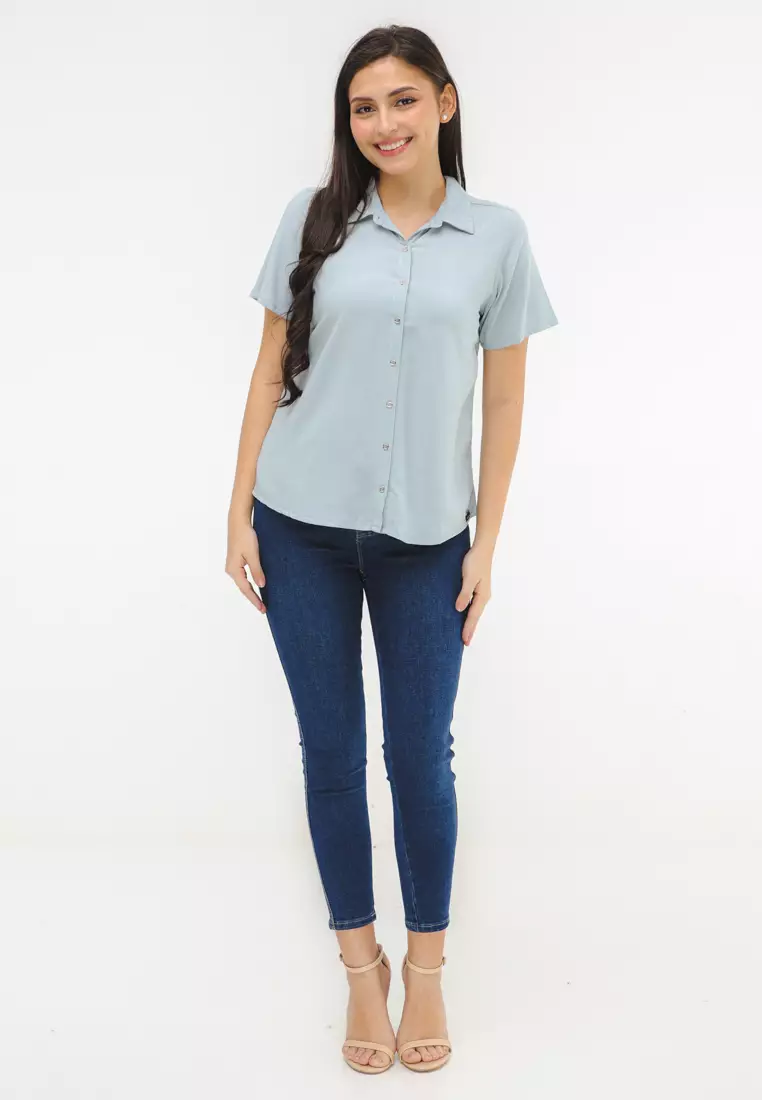 Woven Plain Rayon Short Sleeves Blouse
