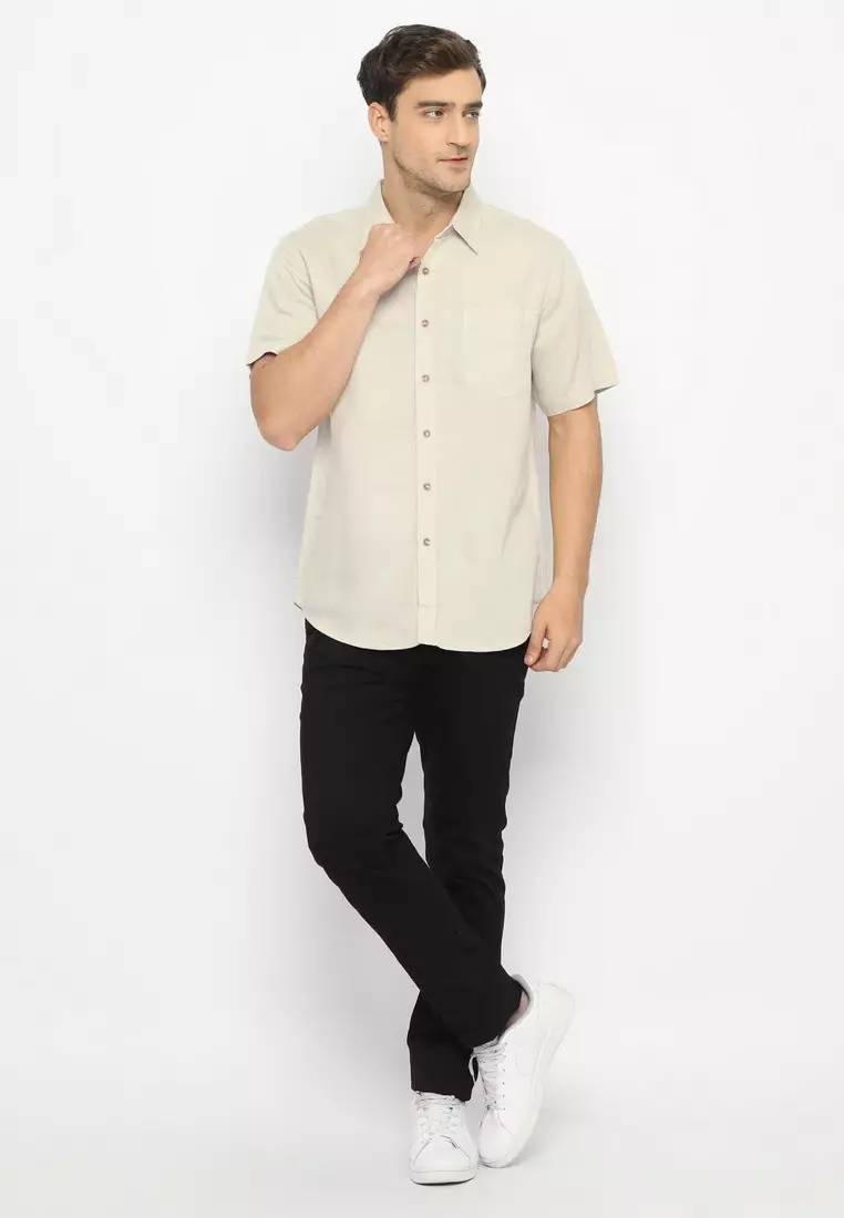 POLICE Kemeja Polos Linen Slub Cream Regular Fit Pria
